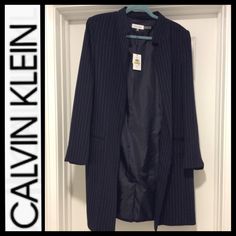 Nwt Calvin Klein Pinstriped Oversized Blazer Sz 14 Fold-Down Collar Open Front Front Slant Pockets Oversized Back Vent Lightly Padded Shoulders Armpit To Armpit Approx 22” Length Approx 37” Lined Pinstriped Navy/White Polyester/Viscose Orig.$189 Striped Oversized Outerwear For Work, Casual Striped Outerwear For Office, Klein Blue, Oversized Blazer, Colored Blazer, Womens Calvin Klein, Navy White, Blazer Suit, Navy And White