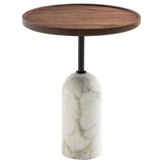 a marble and wood side table with a wooden tray on the top that has a black metal base