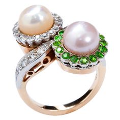 Circa 1930 Fine Twin Natural Pearl & Diamond Demantoid Ring Natural Pearl Ring, Perfect Pearls, Shiny Objects, Pearl Cluster, Men Ring, Natural Pearl, Deco Jewelry, Gem Stones, Pearl Diamond