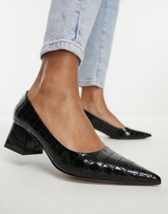 Shoes by ASOS DESIGN Good things come in pairs Mock-croc design Slip-on style Pointed toe Mid block heel Comfortable Work Clothes, Work Outfits Frauen, City Break Outfit, Trendy Heels, Work Outfits Women Summer, Office Shoes Women, Mid Heel Shoes, Office Shoes, Womens Summer Shoes