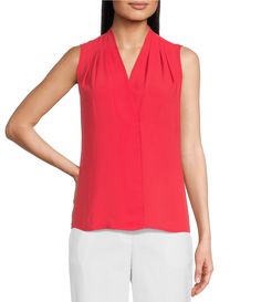 From Anne Klein&#x2C; this blouse features:v-neckline sleevelesspleated shoulder embellishment pullover construction approx. 24.25" length polyester machine wash/line dryImported. Elegant Sleeveless V-neck Top For Work, Solid Color Sleeveless Blouse For Work, Sleeveless Blouse For Work, Sleeveless Blouse Tops For Spring, Elegant Sleeveless V-neck Top For Spring, Versatile Sleeveless Viscose Blouse, Versatile Solid Sleeveless Blouse, Fitted Sleeveless V-neck Top For Work, Casual Sleeveless Viscose Blouse