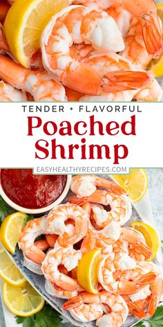 a plate full of cooked shrimp with lemons and ketchup