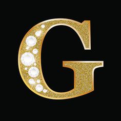 the letter g is made up of gold and white stones with diamonds on it's sides