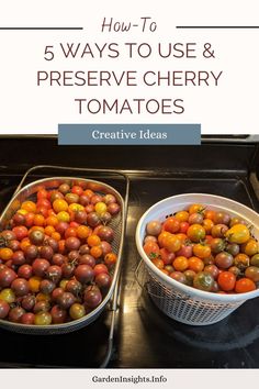 two baskets filled with tomatoes sitting on top of a stovetop next to each other