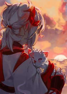 an anime character with white hair and red eyes is holding a cat in her arms