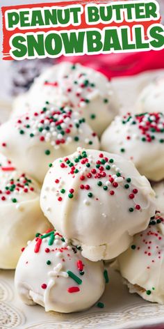 white chocolate covered snowballs with sprinkles on top and the words peanut butter snowballs above them