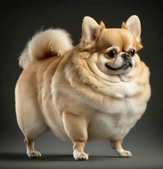 a small brown dog standing on top of a gray floor next to a black background