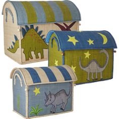 three dinosaur themed storage bins are shown