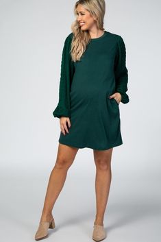 A comfortable u0026 casual maternity dress perfect for any day! A maternity dress featuring contrasting cable knit long sleeves, a round neck and side pockets. The Forest Green Contrast Cable Knit Sleeve Round Neck Maternity Dress is perfectly bump-friendly! Trendy Maternity, Round Neck Dresses, Maternity Clothing, Knit Sleeve, Postpartum