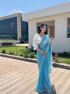 Hot Sarees College, Saree For Traditional Day In College, Saree For Freshers Party, Saree For Freshers Party In College, Dress For Freshers Party In College, Farewell Blouse, Freshers Party Outfit College, Blue Indian Outfit, Girl In Saree