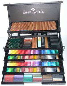 the faber castell box is full of colored pencils