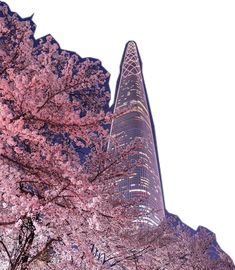 a very tall building surrounded by trees with pink flowers on it's branches in the foreground