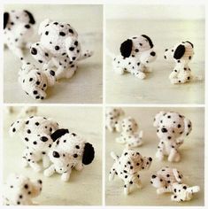 four pictures of different dalmatian puppies on the floor, one is black and white