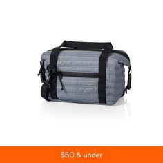 a gray and black duffel bag on a white background with the strap down to it's side