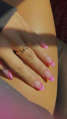 French Tip W Line Under, Hot Pink And Light Pink French Nails, Nail Inspo Hot Pink French Tip, Double Line French Tip Nails Pink, Light And Hot Pink French Tip Nails, French Tip Nails With Pink Line, Hot Pink Gel Nails Ideas, Hot Pink And White French Tip Nails, Preppy Nail Inspo French Tip