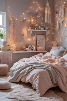 a bedroom decorated in pink and white with lights on the wall