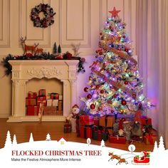 a decorated christmas tree in front of a fireplace