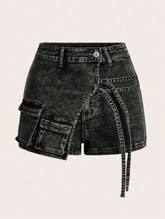 Summer Fashionable Wrapped Slim Fit Mini Denim Shorts With Utility Design Black Casual   Denim Plain Skort High Stretch  Women Clothing, size features are:Bust: ,Length: ,Sleeve Length: Skort Denim, Aesthetic Outfits Y2k, Women Denim Shorts, Mini Denim Shorts, Denim Skort, Shein Icon, Outfits Y2k, Closet Fashion, Denim Details