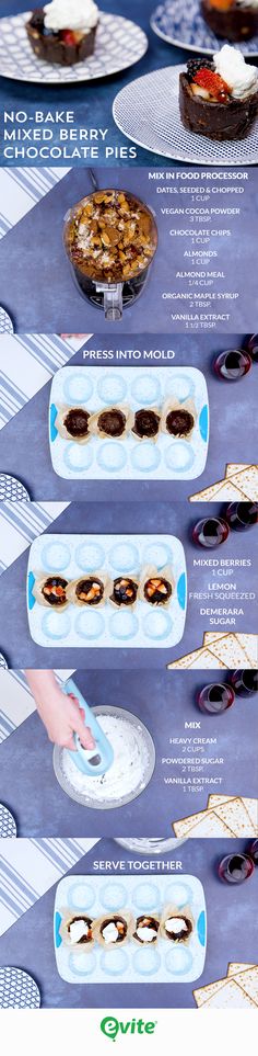 an advertisement for some kind of desserts on a table with plates and spoons