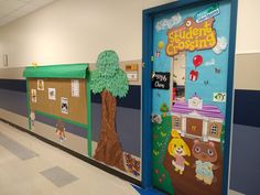 this is a classroom door decorated with paper machs and school decorations on the doors