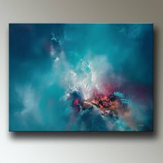 an abstract painting with blue and pink colors