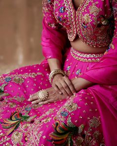 Aman Takyar | Hot Pink Floral Embroidery Lehenga Set | INDIASPOPUP.COM Floral Embroidery Lehenga, Pink Indian Wedding, Pink Lengha, Floral Thread Embroidery, Pink Blouse Designs, Embroidery Lehenga, Choli Dress, Haldi Outfit, Hot Pink Floral