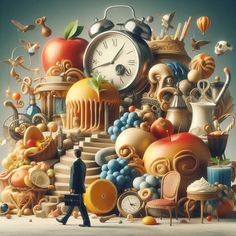 a man walking in front of a pile of assorted objects and an alarm clock