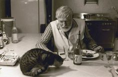 an old man sitting at a kitchen table with two cats