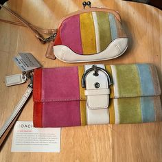 Check Out All My Coach Listings And Accessories New With Tag Coach Rare Suede Multi Color Wallet , Leather Interior And #6744 Design Comes With A Bonus Free Matching Kisslock Purse ( Gently Preowned ) Both Have Wrist Straps And Coach Leather Key Tags Attached White Leather / Silver Hardware The Suede Is Vibrant And Unique Coach Design . Please Message Me With Any Questions . Wallet Approx 8” L And 4” H Kisslock Is 4” X 3” Elegant Multicolor Wristlet For Everyday Use, Coach Multicolor Wristlet For Travel, Multicolor Coach Wristlet For Travel, Coach Multicolor Travel Wristlet, Multicolor Coach Wristlet For Daily Use, Coach Multicolor Wristlet, Coach Multicolor Wristlet For Everyday, Coach Eyeglasses, Leather Driving Gloves