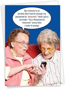 two elderly women sitting on a couch looking at a cell phone with the caption'my memory is so terrible that i had to change my