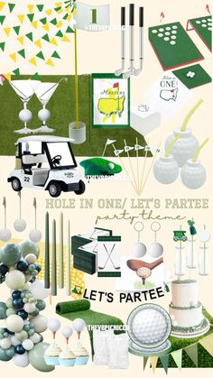 a collage of golf related items including balls, tees, and cake