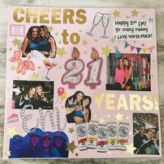 a pink birthday card with pictures and words on it that says cheers to 21 years