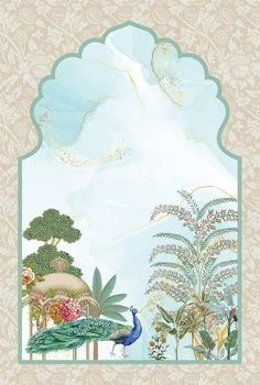 an ornate frame with peacocks and trees in the background, surrounded by flowers and foliage