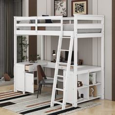 a white loft bed with desk and ladder in a room next to a rug on the floor