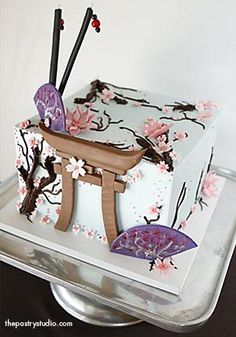 so creative! Asian Cakes, Cherry Blossom Cake, Blossom Cake, Asian Cake, Single Tier Cake, Chop Sticks, Cake Accessories