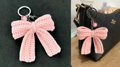 two pictures side by side one has a pink bow and the other has a black purse