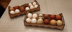 two boxes filled with eggs sitting on top of a counter