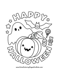 a happy halloween coloring page with pumpkins and bats in the center, on a white background