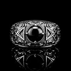 Sigil Gem Ring - Ring Symbolic Black Metal Skull Ring, Black Metal Skull Ring Symbolic Style, Gothic Stainless Steel Metal Ring Jewelry, Black Stainless Steel Engraved Ring, Gothic Silver Stainless Steel Ring, Symbolic Black Skull Ring, Black Symbolic Signet Ring With Polished Finish, Symbolic Black Stainless Steel Rings, Black Gothic Stainless Steel Skull Ring