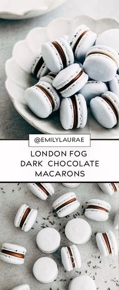 white and brown macarons on a plate with the words london fog dark chocolate macaroons