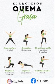 a woman doing yoga poses with the words quema grasa in spanish and english