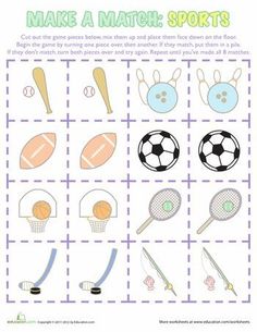 an activity sheet for kids to learn how to make matching sports items