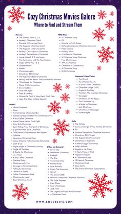 a christmas movie poster with red snowflakes on it and the words cozy christmas movies galore where to find and stream them