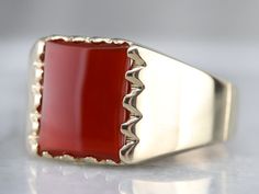 The style is vintage from the 1970s, and has clean lines that keep the ring simple! The center is a smooth and warm Carnelian, which has an earthy orange-red hue! Metal: 10K Yellow Gold Gem: Carnelian Gem Measurements: 12 x 10 mm, Rectangle Ring Size: 11 Marks: "Dason 10K" Stamped on the inside band Yellow Gold Sapphire Ring, Rectangle Ring, Right Hand Ring, Carnelian Ring, Cameo Ring, Right Hand Rings, Hand Ring, Ring Simple, Cabochon Ring