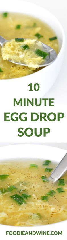 two bowls of egg drop soup with spoons in them and the title overlay reads 10 minute egg drop soup