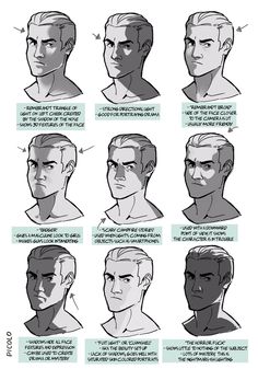 the different types of hair and facial expressions in an anime character's face, from front to back