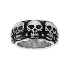 You'll love the macabre style of this men's stainless steel skull ring. You'll love the macabre style of this men's stainless steel skull ring. Width: 27 mm Metal: stainless steel Finish: oxidized Additional details: black enamel between skulls Packaging: boxed Please note, due to the high value of this item, a signature may be required upon delivery. Size: 10. Gender: male. Age Group: adult. Jewelry Men, Ring Black, Skull Ring, Skull Design, Men's Jewelry Rings, Crafted Jewelry, Blue Topaz Ring, Stainless Steel Rings, Topaz Ring