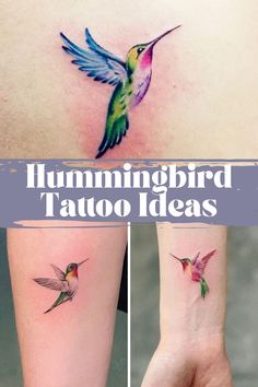 hummingbird tattoos on the arm and wrist, with different colored birds flying around it