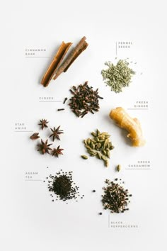 an assortment of spices and herbs on a white surface with the words, cinnamons, cloves, star anise