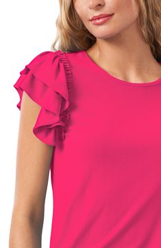 Turn on the charm in this soft knit top framed with layered ruffled-crepe sleeves. 22" length (size Medium), 25" Length (Size 2X) Crewneck Short sleeves 95% polyester, 5% spandex Machine wash, tumble dry Imported Women's Clothing Ruffle Sleeve Tops For Layering, Pink Ruffle Top With Flutter Sleeves, Pink Stretch Top With Ruffle Sleeves, Pink Ruffle Sleeve Top With Ruffles, Solid Color Tops With Ruffle Hem And Ruffle Sleeves, Stretch Ruffle Sleeve Top With Ruffles, Stretch Top With Ruffle Sleeves And Details, Stretch Tops With Ruffle Sleeves And Details, Pink Ruffle Tops For Layering